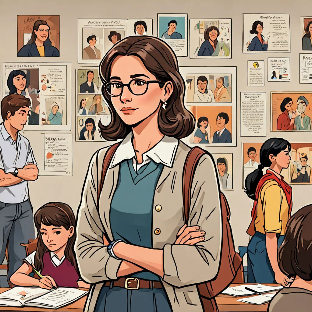 a woman standing in front of a classroom full of students with posters on the wall behind her and a man standing behind her, Asaf Hanuka, serial art, a comic book panel, graphic novel