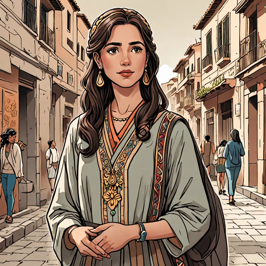 a woman in a dress standing in a street with people walking by her and a man walking down the street, Cassandra Austen, pre-raphaelitism, a comic book panel, graphic novel
