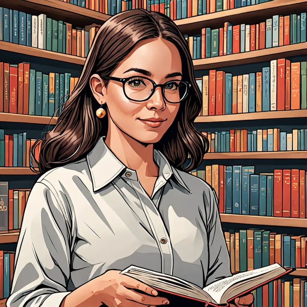 a woman in glasses is reading a book in a library with bookshelves behind her and a bookcase full of books, Dan Mumford, academic art, a character portrait, high detail illustration