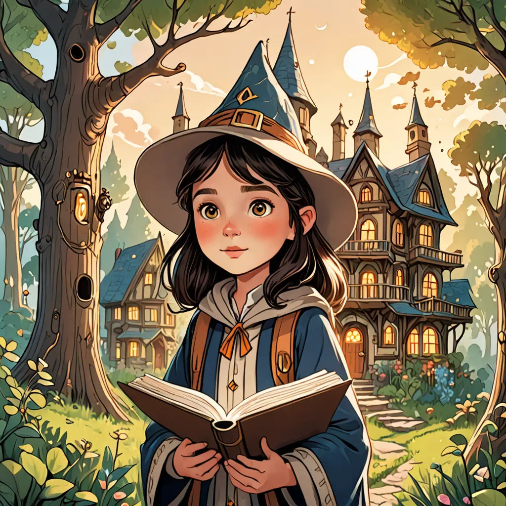 a young girl in a wizard costume reading a book in front of a house with a wizard hat on, fantasy art, a storybook illustration, Colin Middleton, fantasy illustration