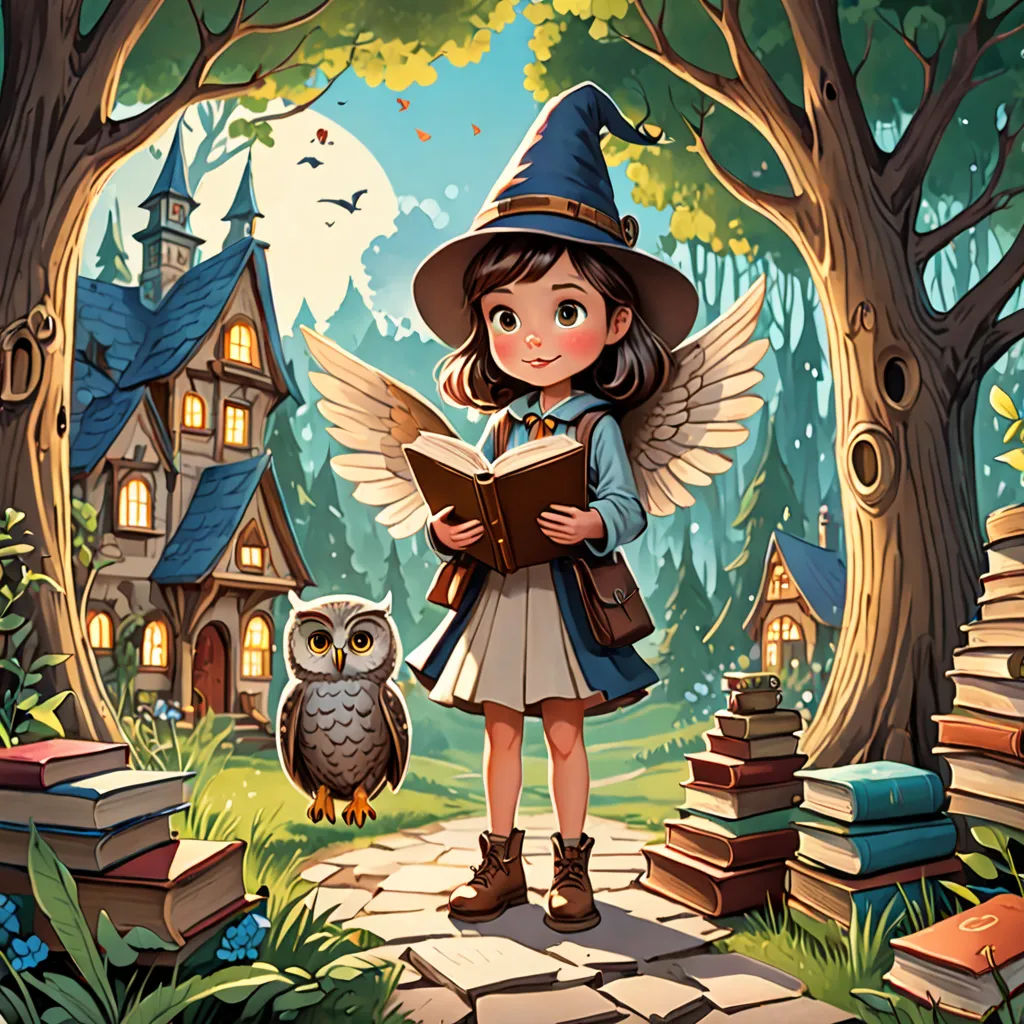 a girl is reading a book in a forest with an owl and a house in the background with a full moon, fantasy art, a storybook illustration, Colin Middleton, storybook illustration