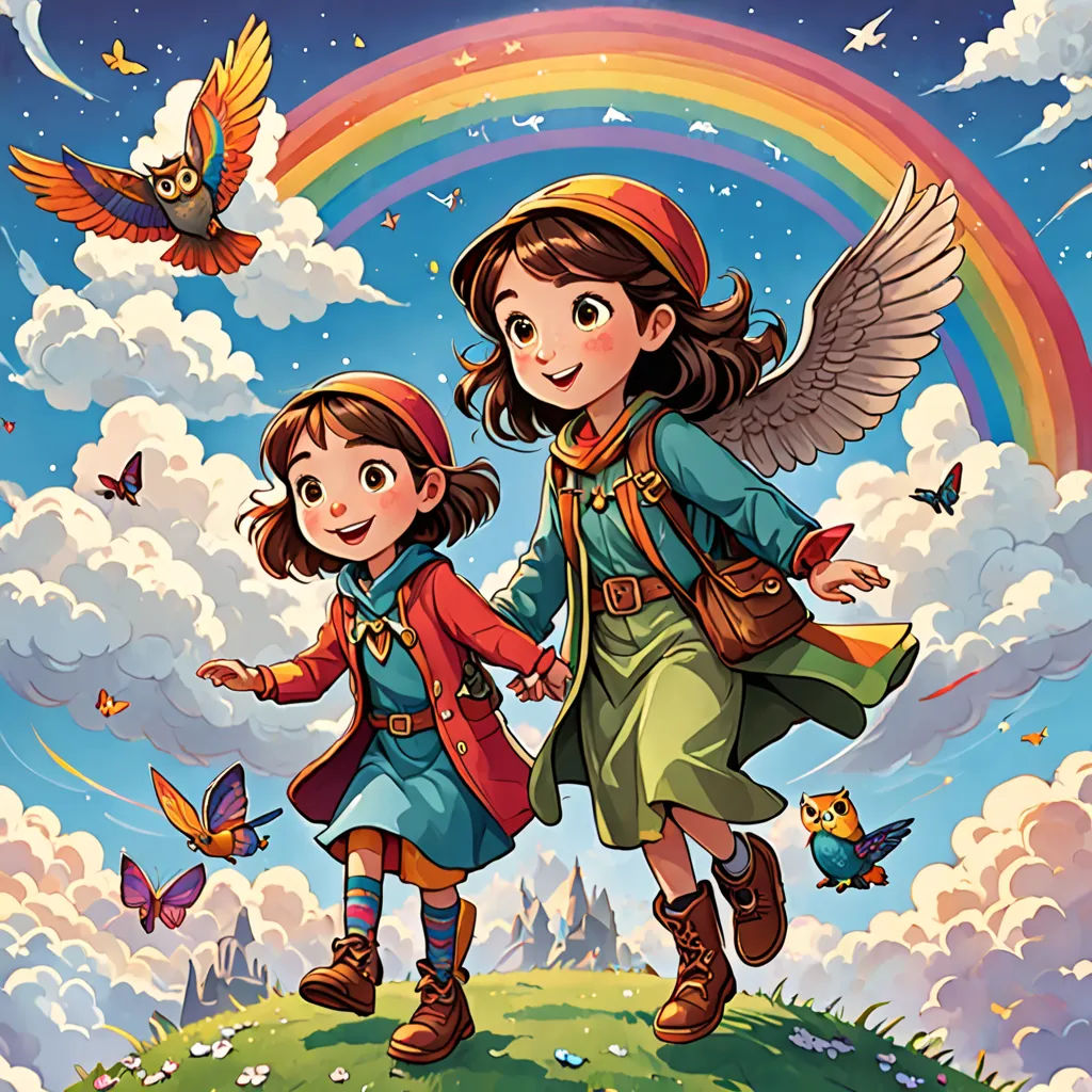 a painting of two children standing on a hill with a rainbow in the background and a bird flying over them, naive art, a storybook illustration, Cliff Childs, official art