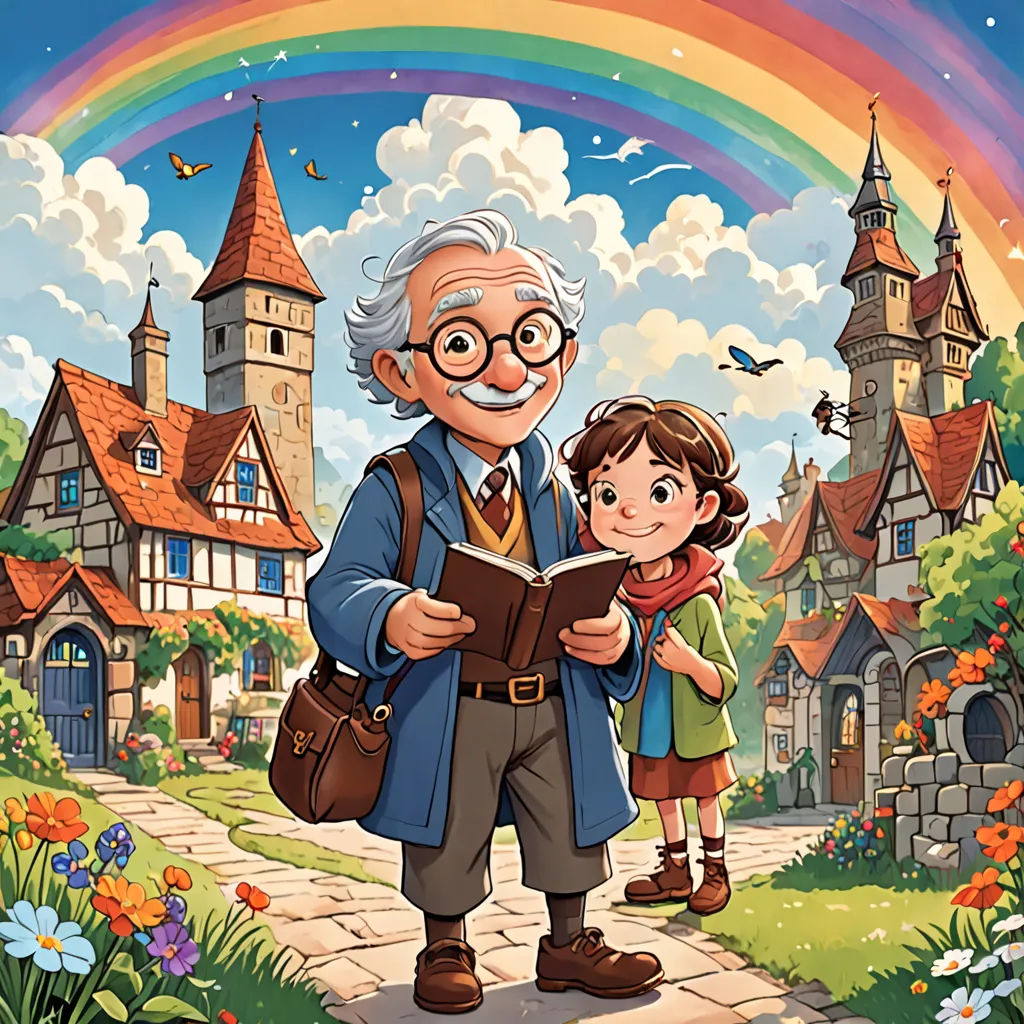 a man and a little girl are standing in front of a rainbow and a castle with a rainbow in the background, fantasy art, a storybook illustration, Cliff Childs, storybook illustration