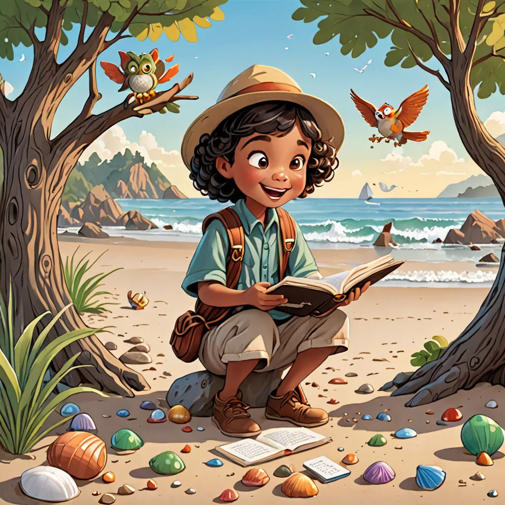 a boy sitting on a beach reading a book with a bird flying overhead in the background and a bird flying overhead, fantasy art, a storybook illustration, Chris LaBrooy, storybook illustration