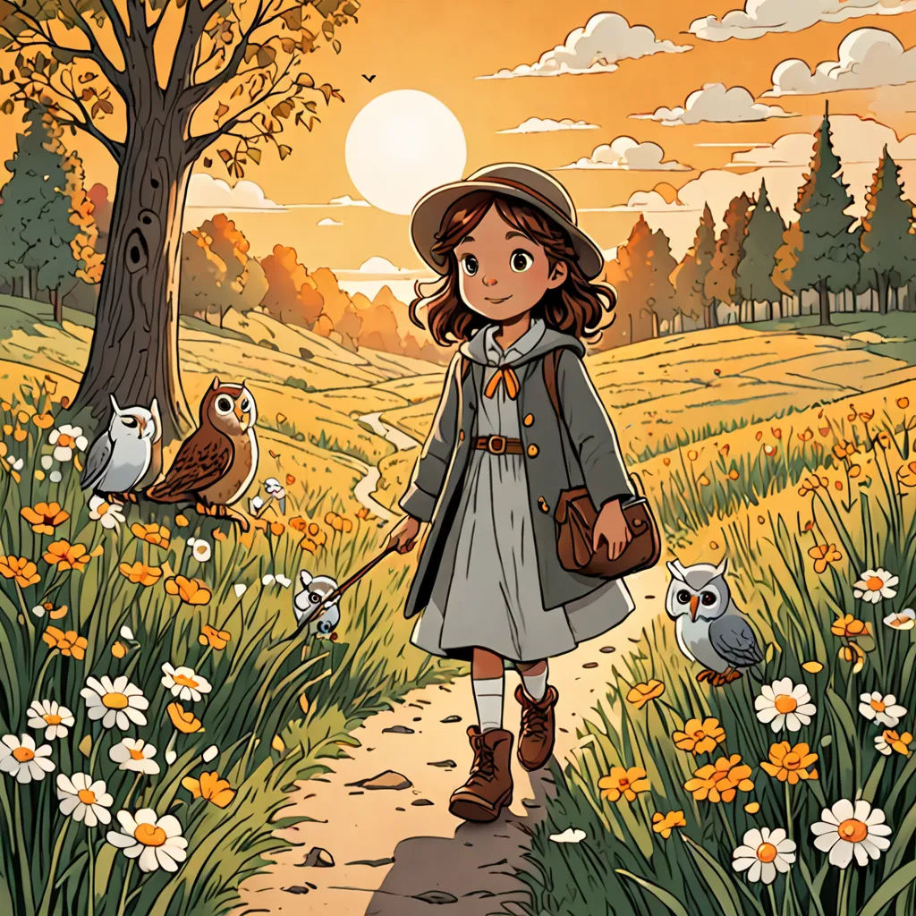 a little girl walking down a path with owls on it's back and a tree in the background, process art, a storybook illustration, Atey Ghailan, comic cover art