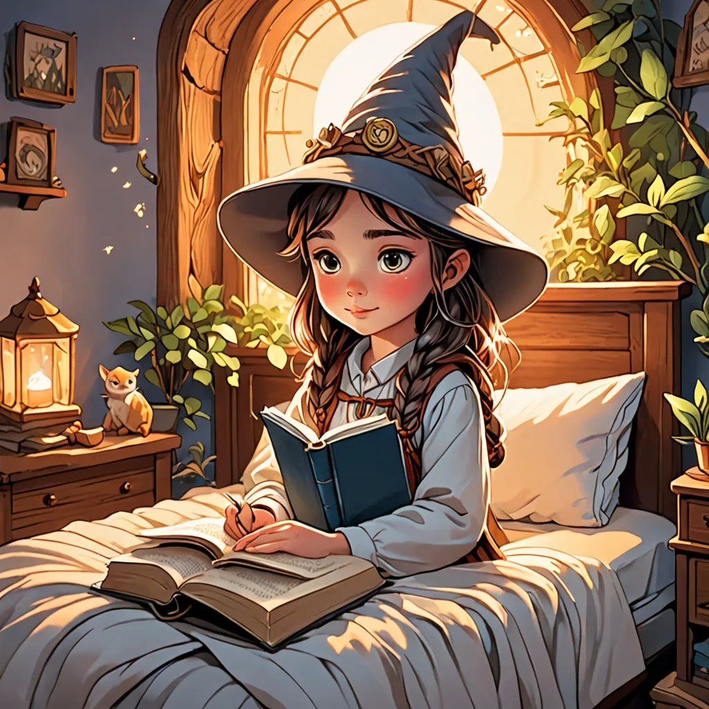 a little girl in a witch costume reading a book on a bed with a window behind her and a potted plant, fantasy art, a storybook illustration, Cliff Childs, rossdraws global illumination