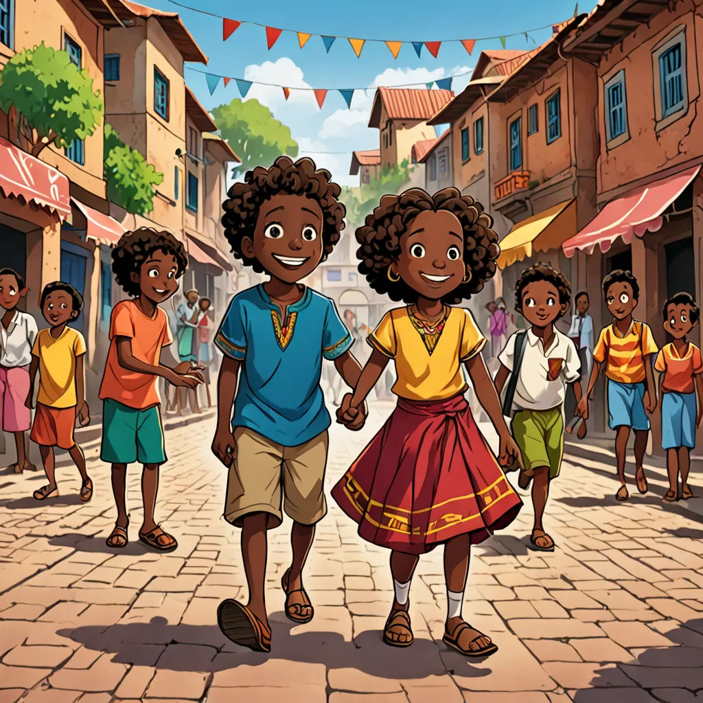 a cartoon of a boy and a girl holding hands in a street with a crowd of children in the background, concept art, Ella Guru, hurufiyya, official art