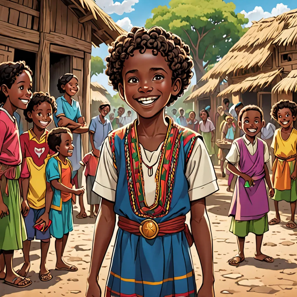 a cartoon of a woman in a village with a group of children around her and a man standing in front of her, a storybook illustration, Ella Guru, afrofuturism, official art