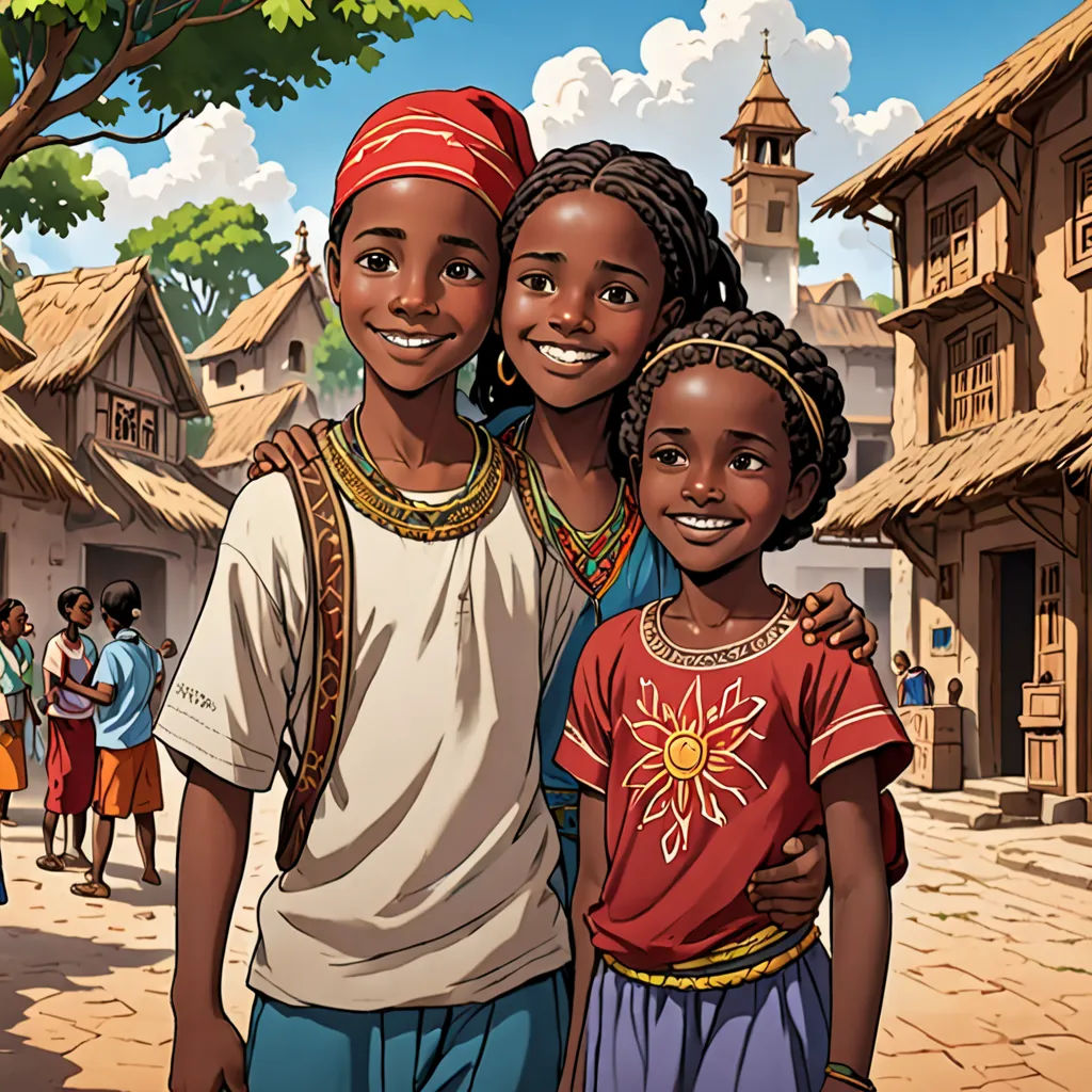 a couple of kids standing next to each other on a street with a building in the background and a tree, a storybook illustration, Cedric Seaut (Keos Masons), afrofuturism, comic cover art