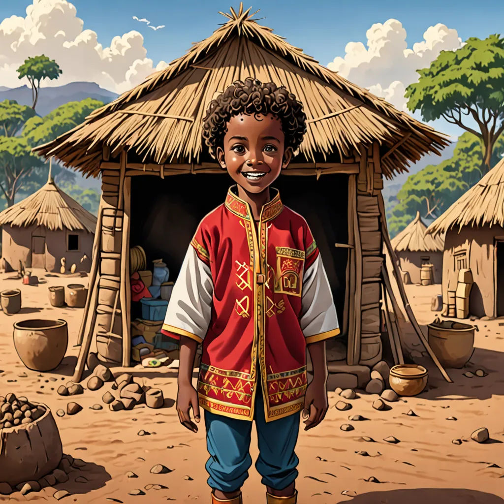 a cartoon of a boy in a village with a hut in the background and a woman in a red dress, a character portrait, Cedric Seaut (Keos Masons), primitivism, character portrait