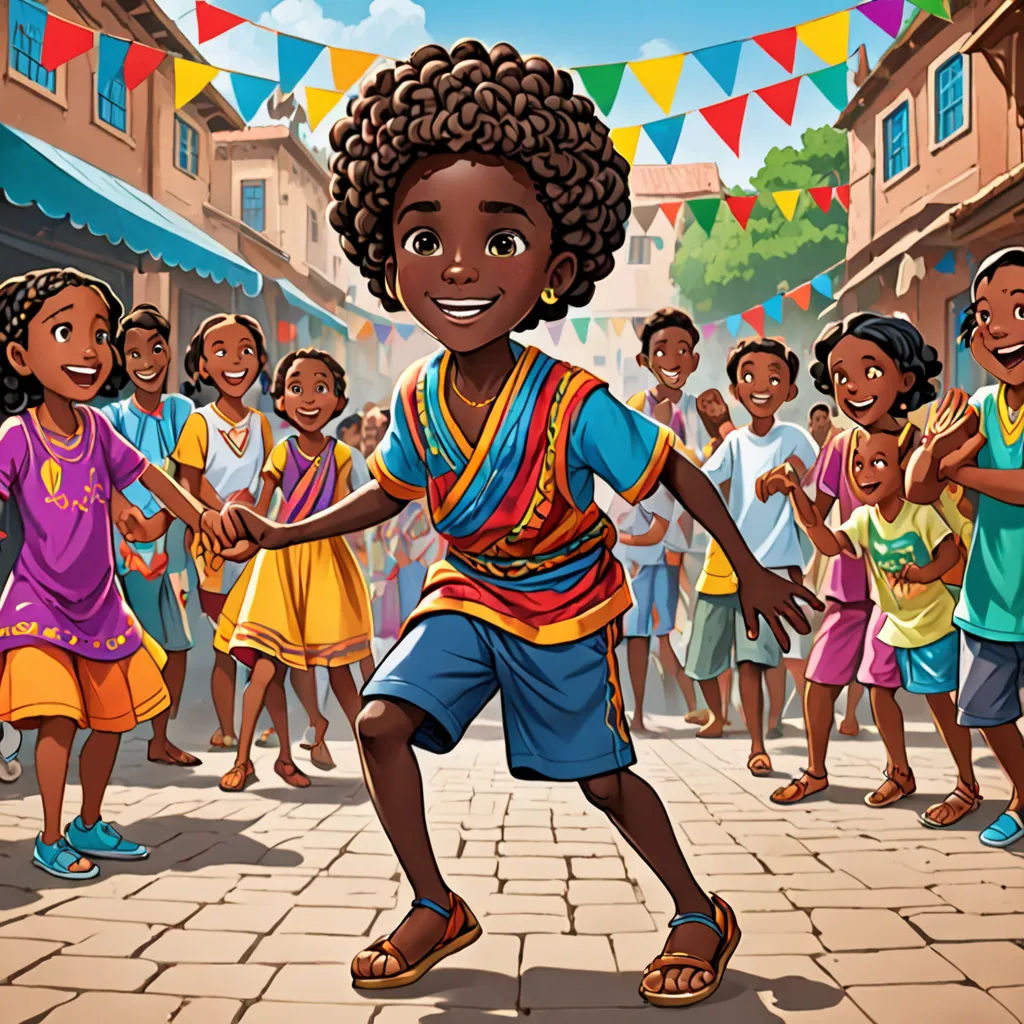 a cartoon of a boy dancing in front of a crowd of children in a street with bunting flags, a storybook illustration, Ella Guru, afrofuturism, official art