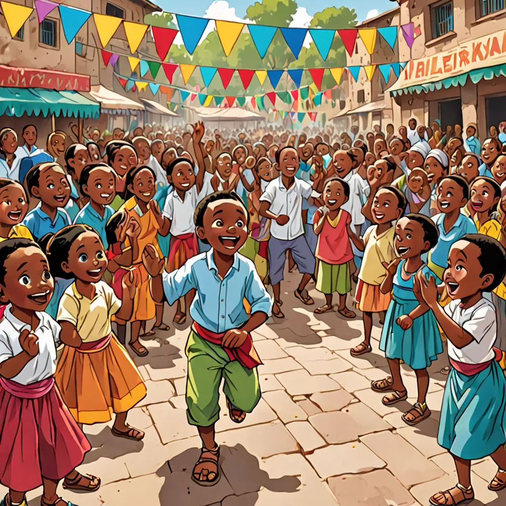 a group of children are dancing in a street with buntings and flags in the background and a man in a blue shirt is standing in the foreground, a storybook illustration, Altoon Sultan, lyco art, official art