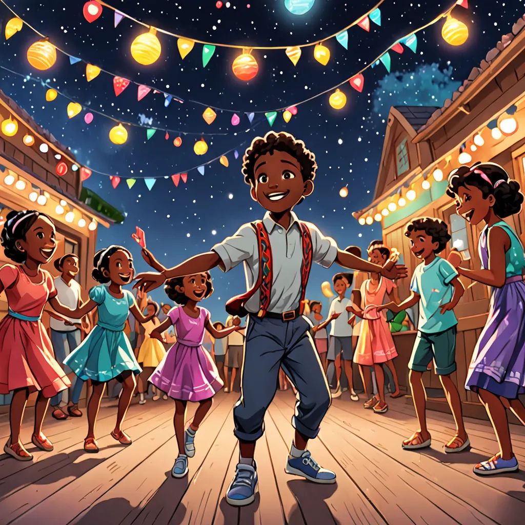 a man dancing with a group of children in a street at night time with lights strung from the ceiling, a storybook illustration, Ella Guru, harlem renaissance, official art
