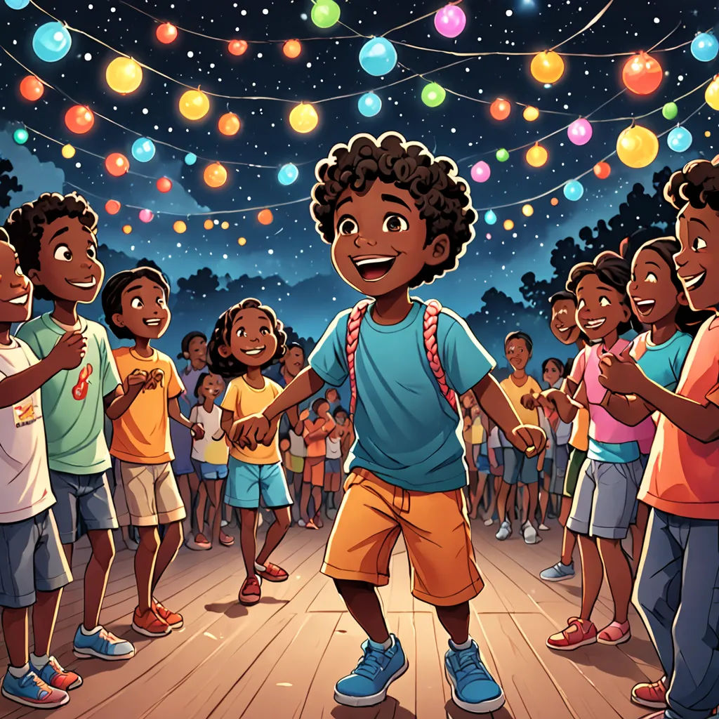 a boy is dancing with a group of children in a room full of lights and balloons in the air, a storybook illustration, Chris LaBrooy, afrofuturism, official art