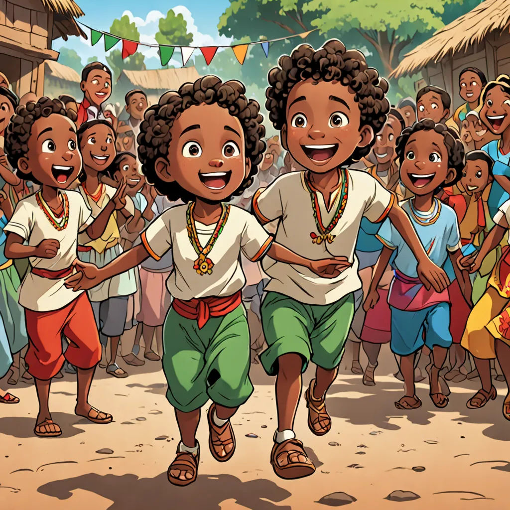 a group of children are dancing in front of a crowd of people in a village with a thatched roof, a storybook illustration, Altoon Sultan, lyco art, official art