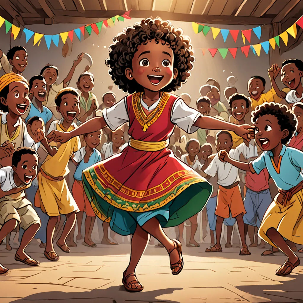 a cartoon of a girl dancing in front of a crowd of children in a school dance hall with flags, a storybook illustration, Ella Guru, hurufiyya, official art