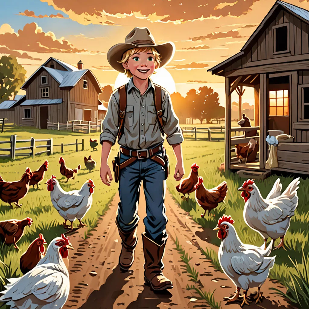 a boy in a cowboy hat is standing in a field with chickens and a barn in the background with a sunset, lyco art, a storybook illustration, Cliff Childs, western comic book art