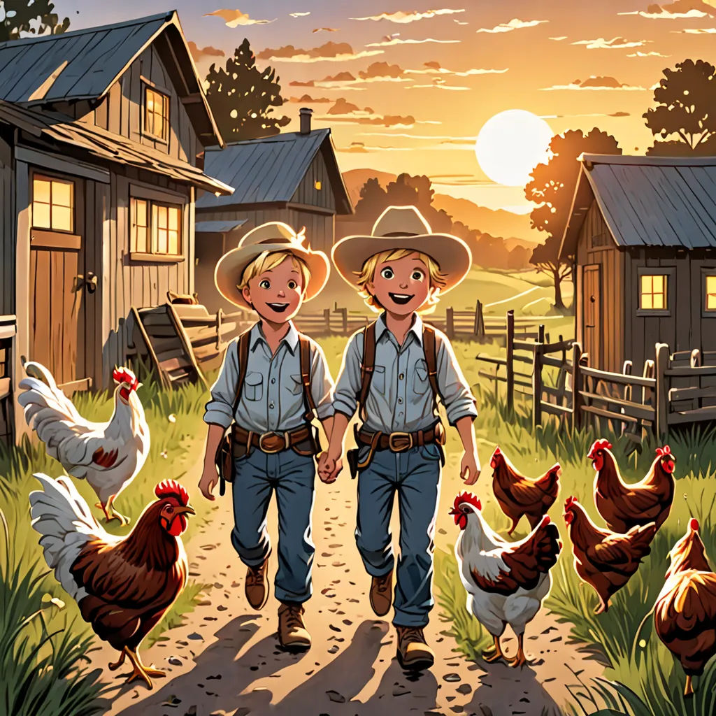 two men in cowboy hats are walking through a farm with chickens and a barn in the background at sunset, folk art, a storybook illustration, Brothers Hildebrandt, storybook illustration