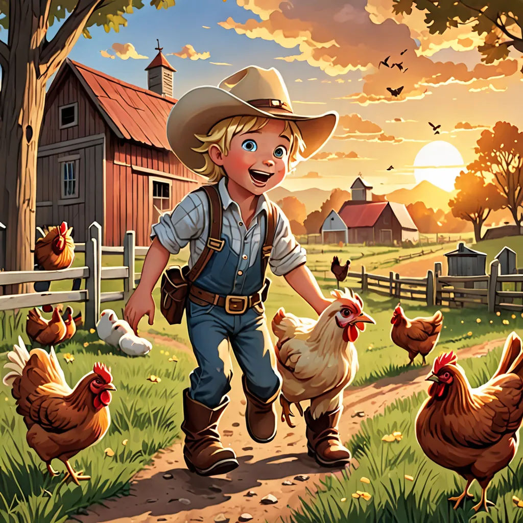 a boy in a cowboy hat is walking with chickens in a farmyard at sunset, with a barn in the background, american scene painting, a storybook illustration, Chris LaBrooy, western comic book art