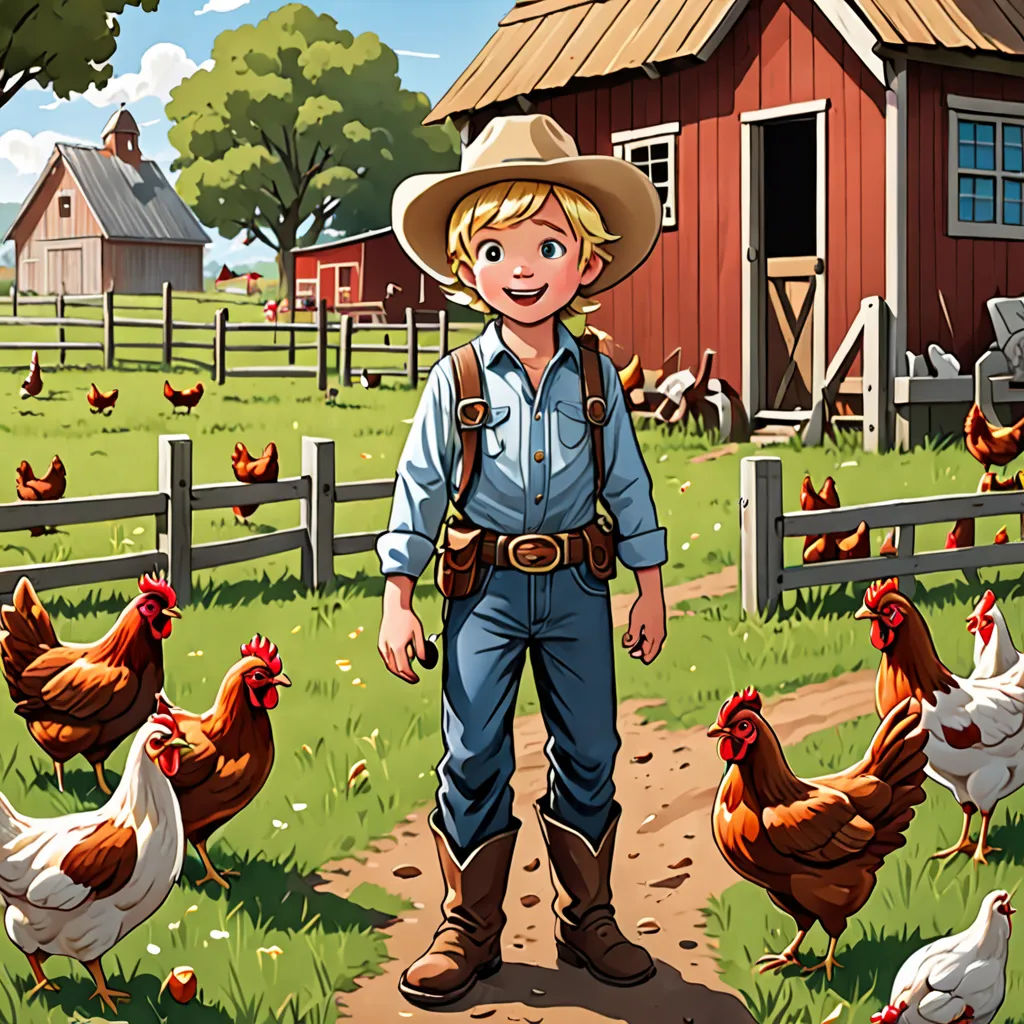 a boy in a cowboy hat standing in a field with chickens and a barn in the background with a fence, american scene painting, a storybook illustration, Americo Makk, game art