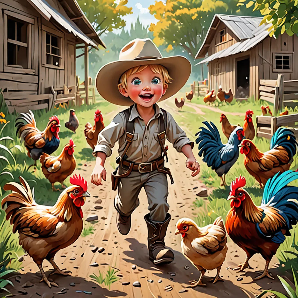 a boy in a cowboy hat is walking through a farm with chickens and chickens on the ground and a barn in the background, american scene painting, a storybook illustration, Bob Byerley, western comic book art