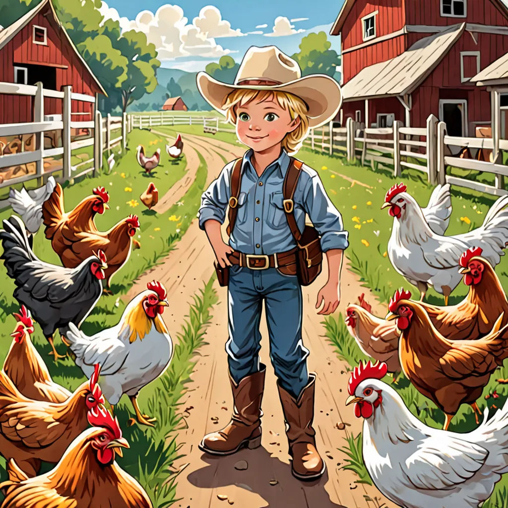 a boy in a cowboy hat standing in a field with chickens and a barn in the background with a red barn, lyco art, a storybook illustration, Americo Makk, storybook illustration