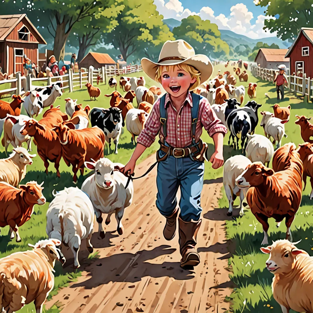 a boy walking a dog through a herd of sheep on a farm road with a herd of cows behind him, american scene painting, a storybook illustration, Bob Byerley, furaffinity
