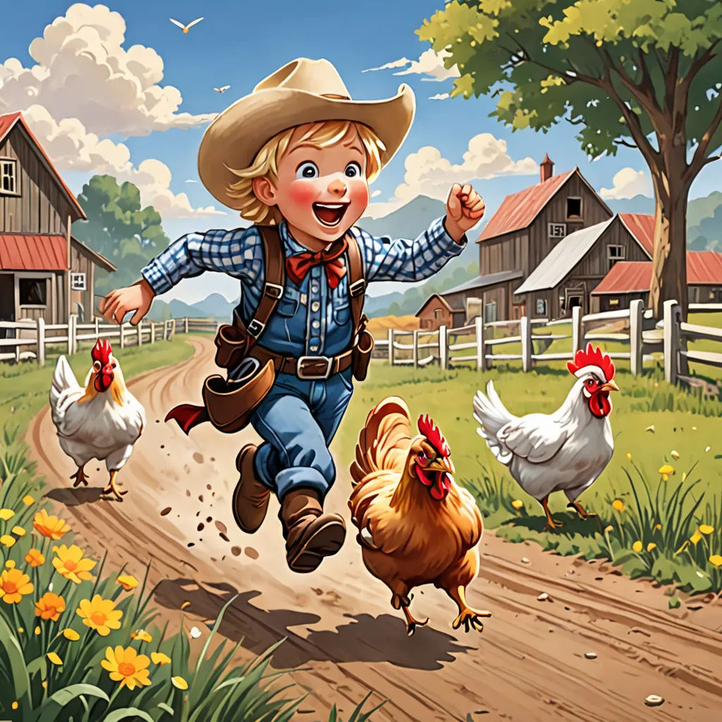 a boy in a cowboy hat running down a dirt road with chickens and a barn in the background with a fence, american scene painting, a storybook illustration, Bob Byerley, western comic book art
