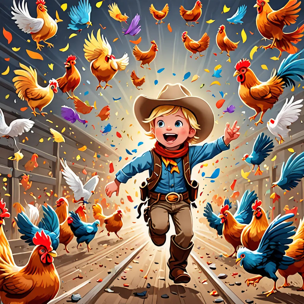 a boy in a cowboy hat is surrounded by chickens and chickens in a chicken coop with a train track, lyco art, a storybook illustration, Chris LaBrooy, western comic book art