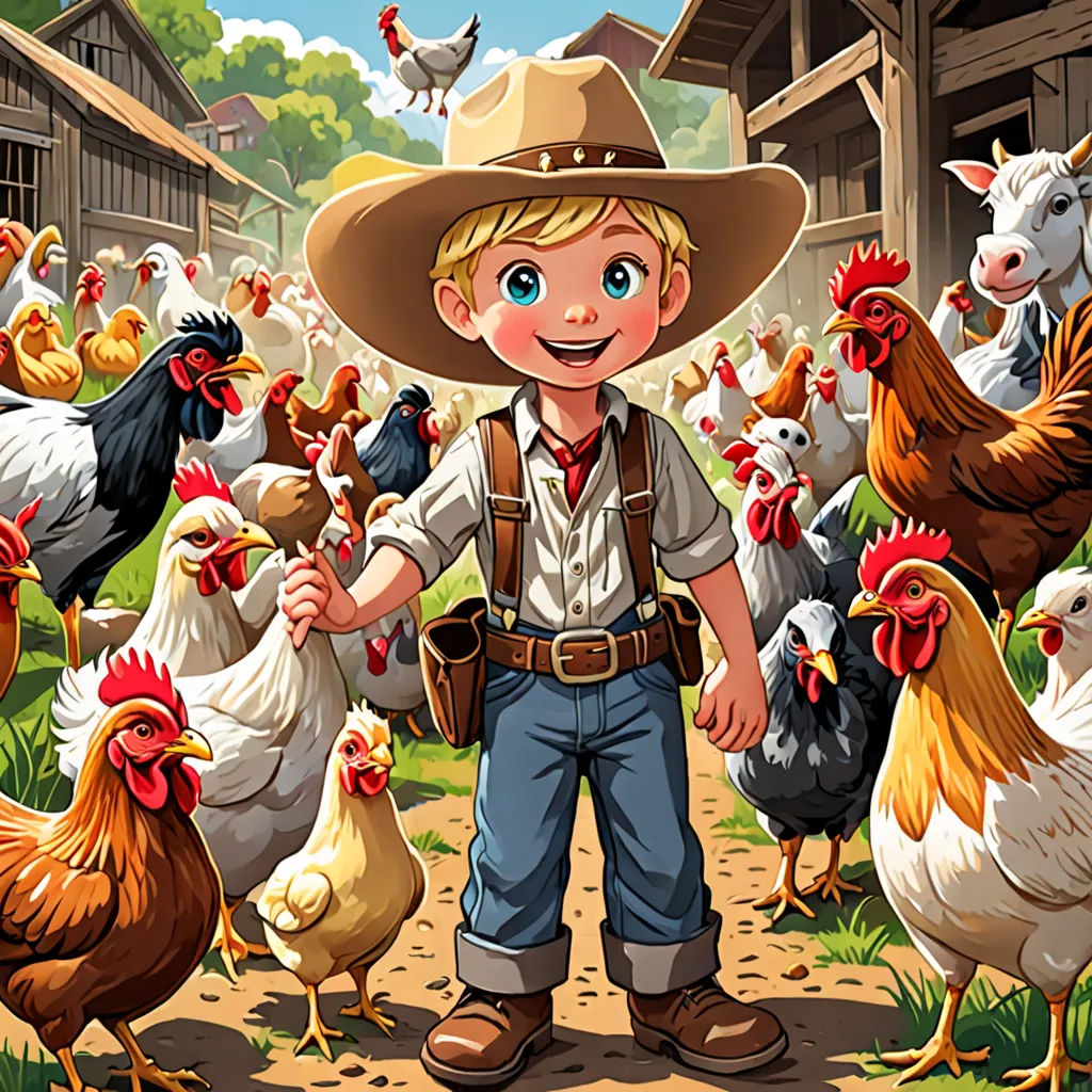 a boy in a cowboy hat standing in front of a bunch of chickens and chickens in a farmyard, lyco art, a storybook illustration, Andries Stock, storybook illustration