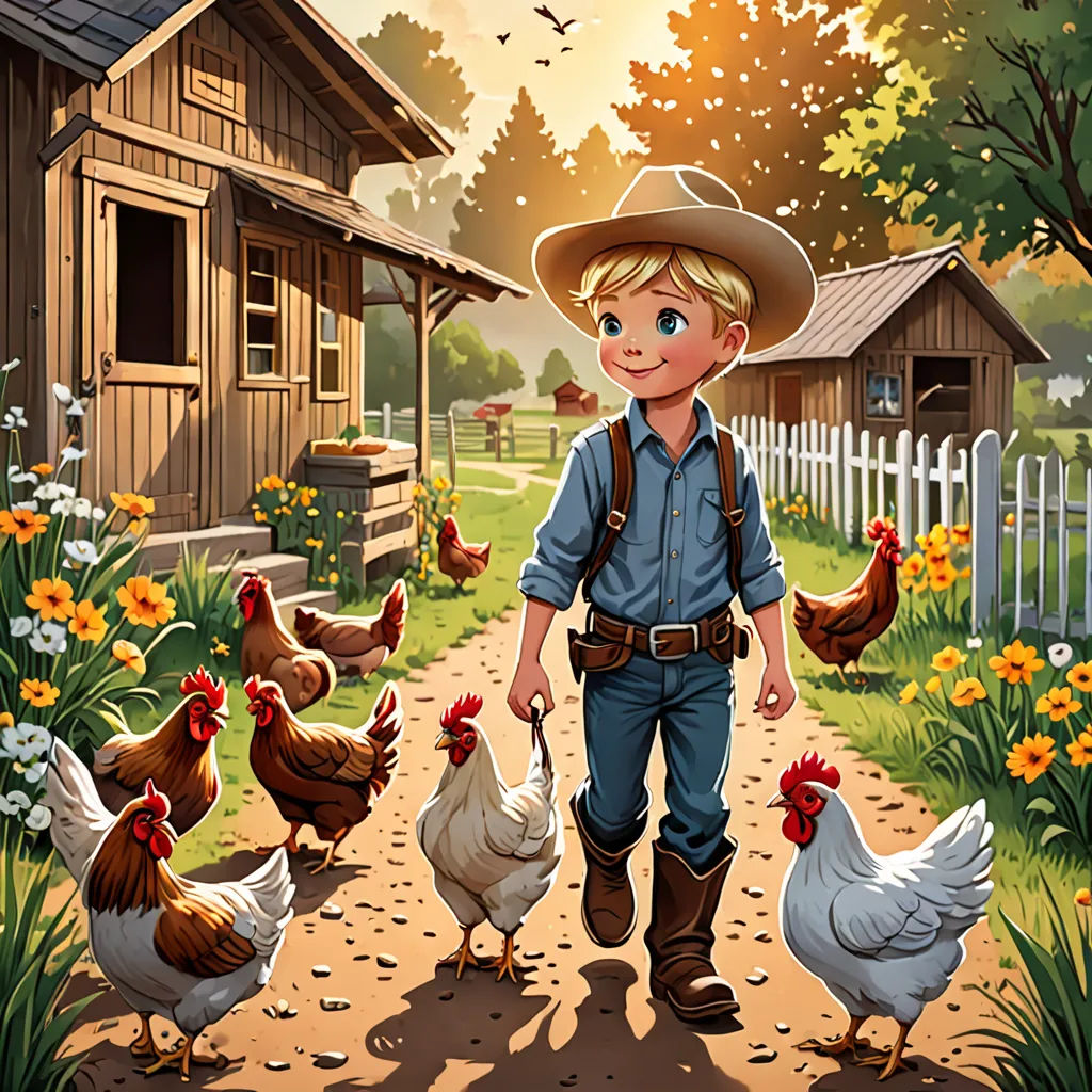 a boy in a cowboy hat is walking with chickens in a farm yard and a house in the background, american scene painting, a storybook illustration, Bob Byerley, western comic book art