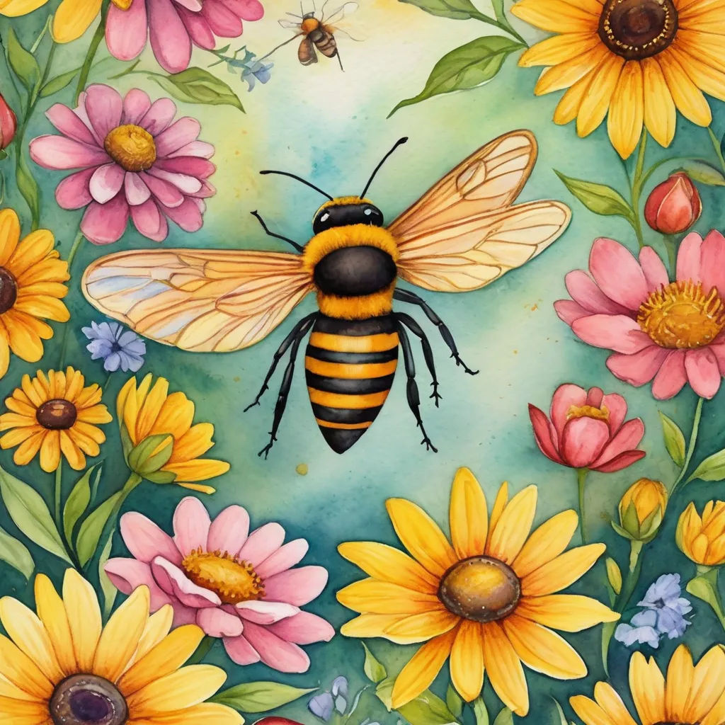 a painting of a bee surrounded by flowers and daisies on a blue background with a yellow and black bee, fantasy art, a watercolor painting, Annabel Kidston, in gouache detailed paintings