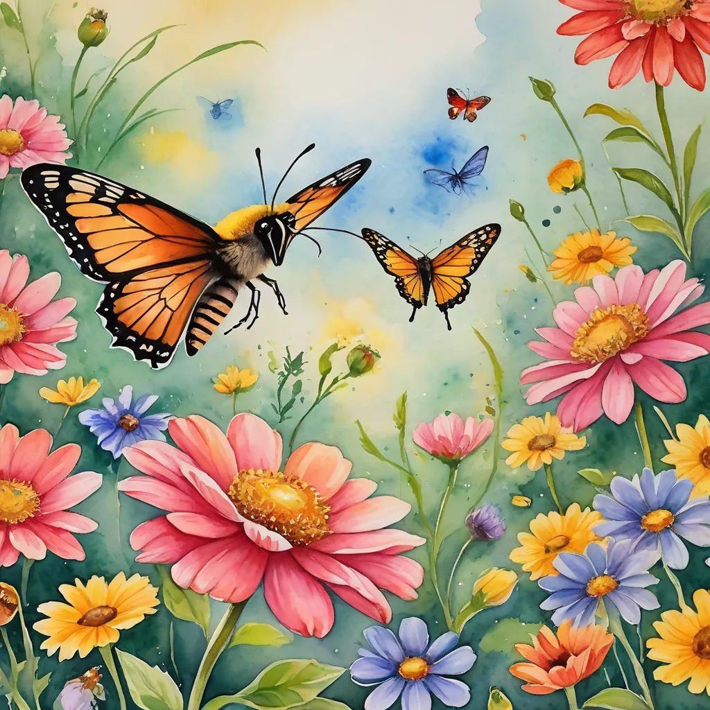 a painting of a butterfly and a butterfly on a flower field with daisies and daisies in the foreground, folk art, a detailed painting, Annabel Kidston, highly detailed digital painting