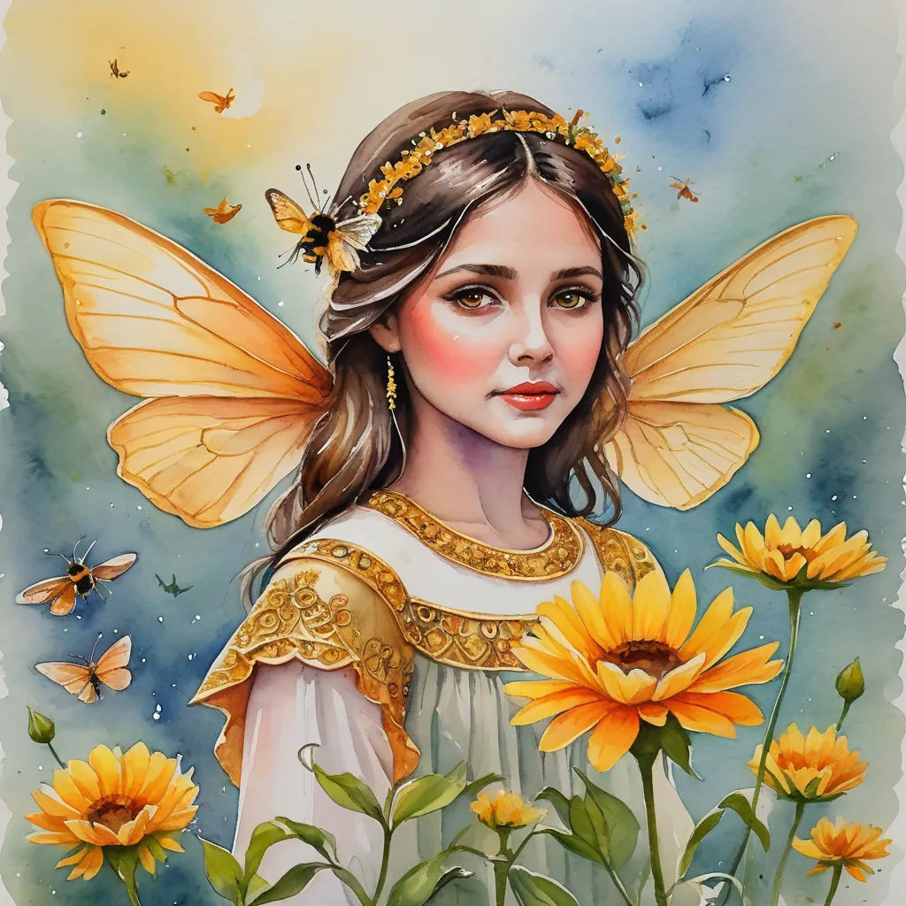 a painting of a girl with sunflowers in her hair and a butterfly on her head, with a blue sky background, fantasy art, a detailed painting, Anne Stokes, trending on art station