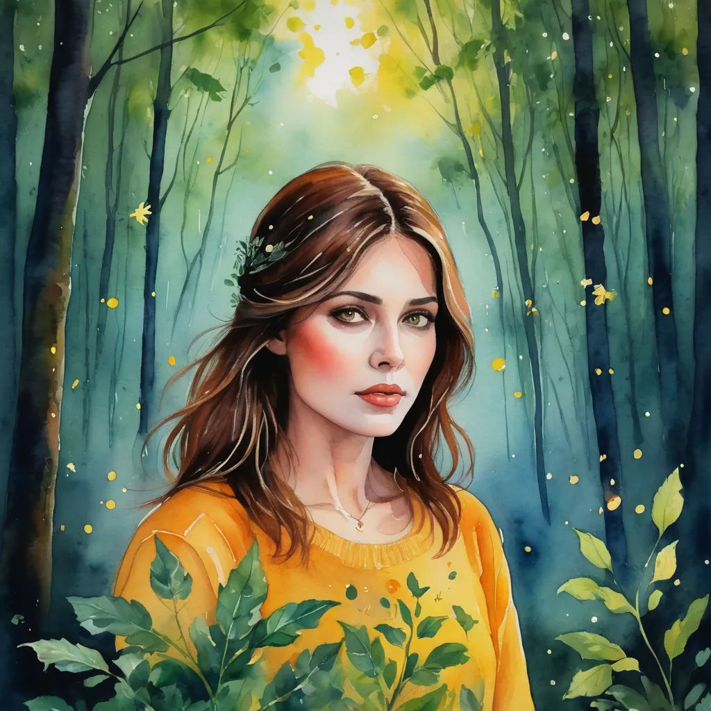 a painting of a woman in a yellow shirt in a forest with leaves and stars on her head and a green background, fantasy art, a detailed painting, Anna Dittmann, trending on art station