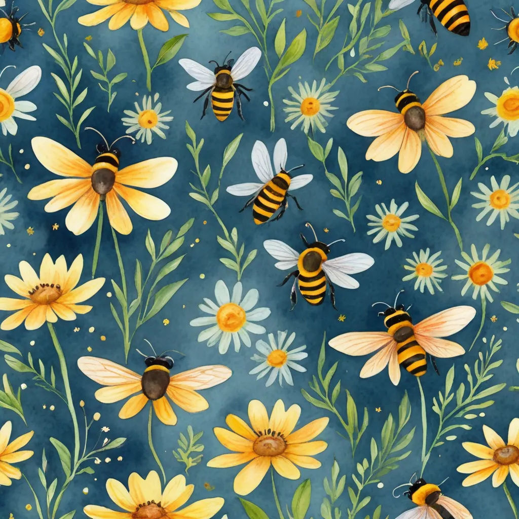 a painting of bees and flowers on a blue background with yellow daisies and daisies on the bottom, folk art, a storybook illustration, Annabel Kidston, highly detailed digital painting