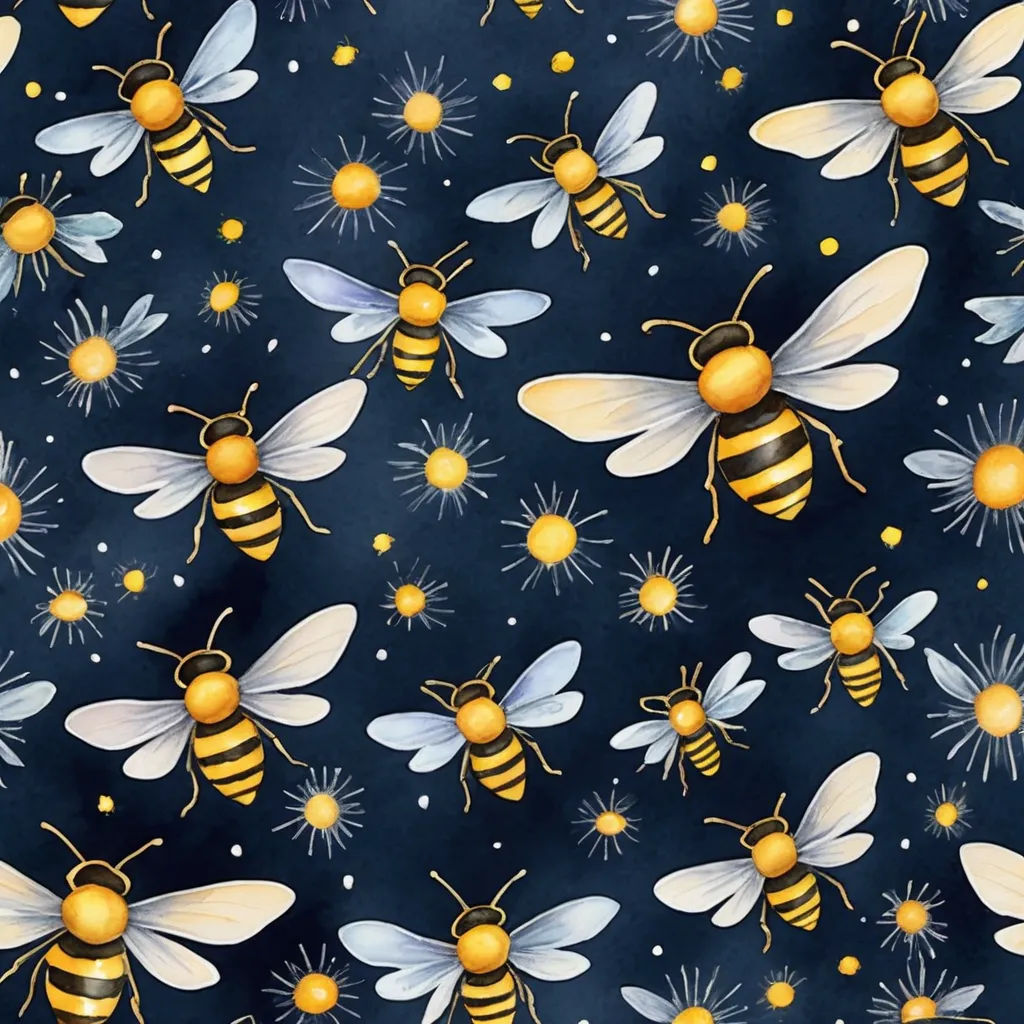 a pattern of bees and stars on a black background with yellow and white colors on the wings and the back of the bees, generative art, a storybook illustration, Annabel Kidston, detailed illustration