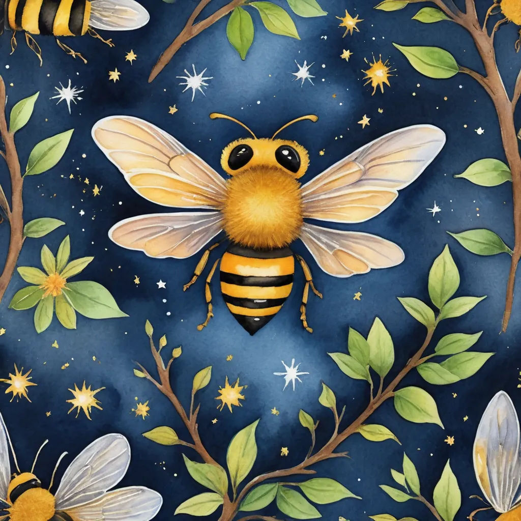 a painting of a bee on a blue background with stars and leaves around it and a tree branch with leaves and flowers around it, space art, a storybook illustration, Annabel Kidston, fireflies
