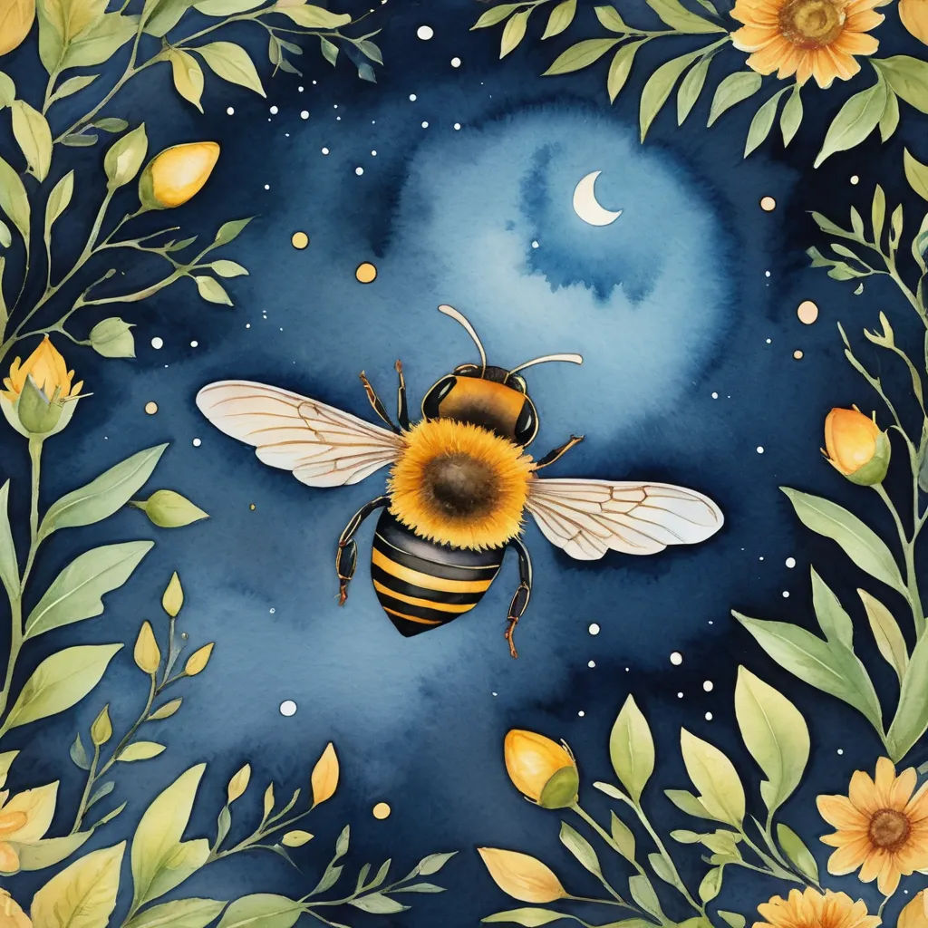 a painting of a bee with a full moon in the background and flowers around it, with a blue sky and stars in the background, space art, a storybook illustration, Anna Dittmann, in gouache detailed paintings