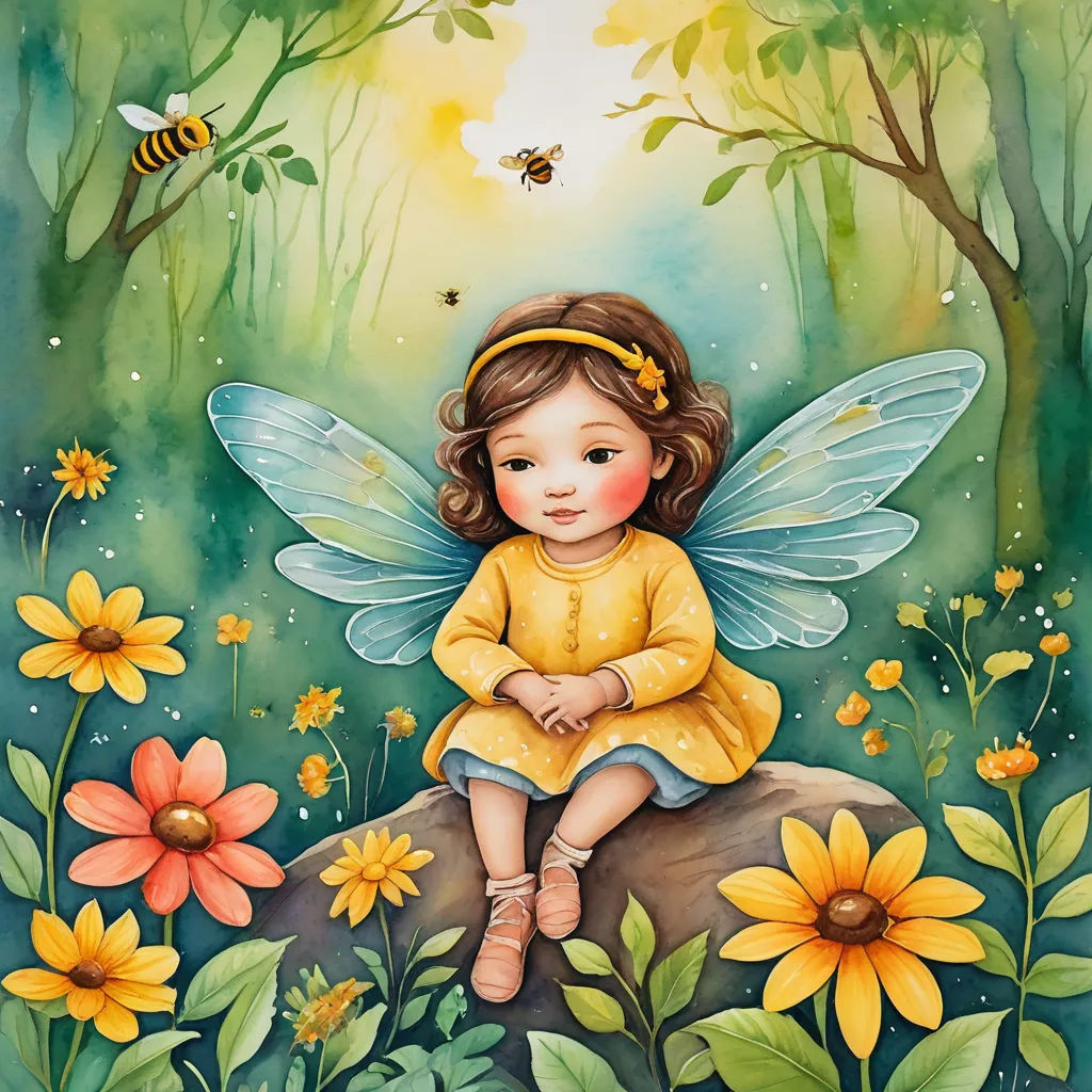 a painting of a little girl sitting on a rock with a bee flying above her and flowers around her, fantasy art, a storybook illustration, Elinor Proby Adams, storybook illustration