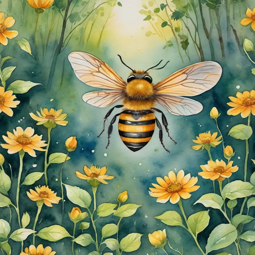 a painting of a bee in a field of flowers with a sky background and sunflowers in the foreground, fantasy art, a watercolor painting, Anna Dittmann, in gouache detailed paintings