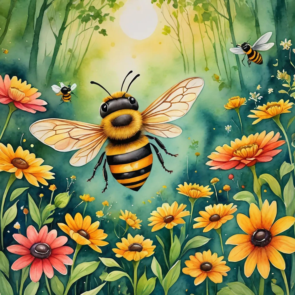 a painting of a bee flying over a field of flowers and bees in the background of a forest with sun, fantasy art, a storybook illustration, Annabel Kidston, highly detailed digital painting