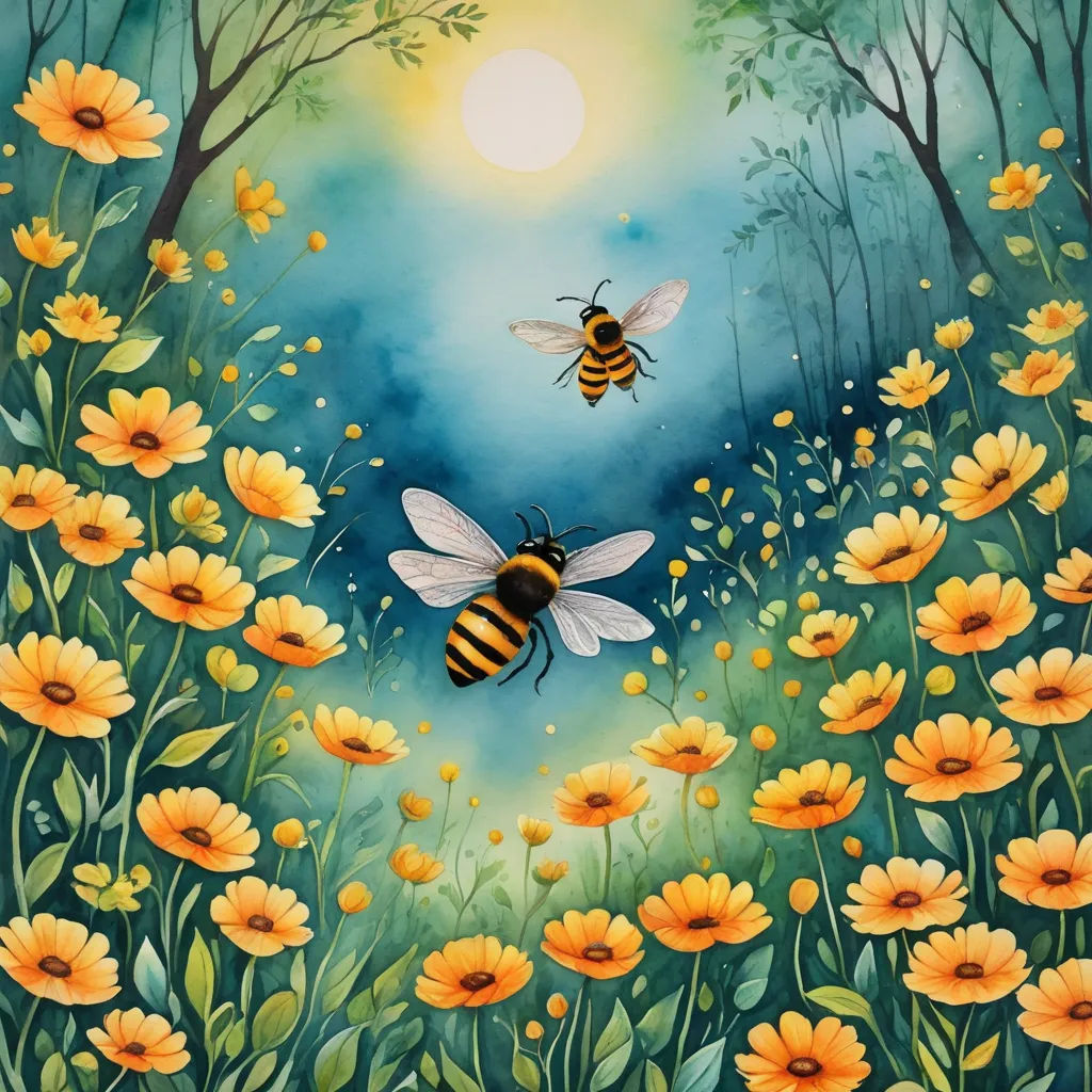 a painting of a bee flying over a field of flowers with a full moon in the background and a blue sky, fantasy art, a storybook illustration, Annabel Kidston, in gouache detailed paintings