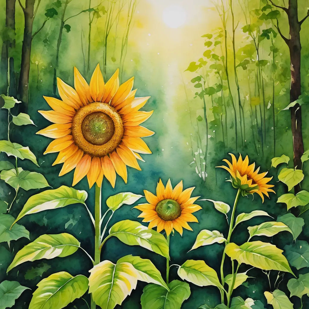 a painting of a sunflower in a forest with green leaves and a bright sun in the background with a green sky, modern european ink painting, a watercolor painting, Carol Sutton, sun