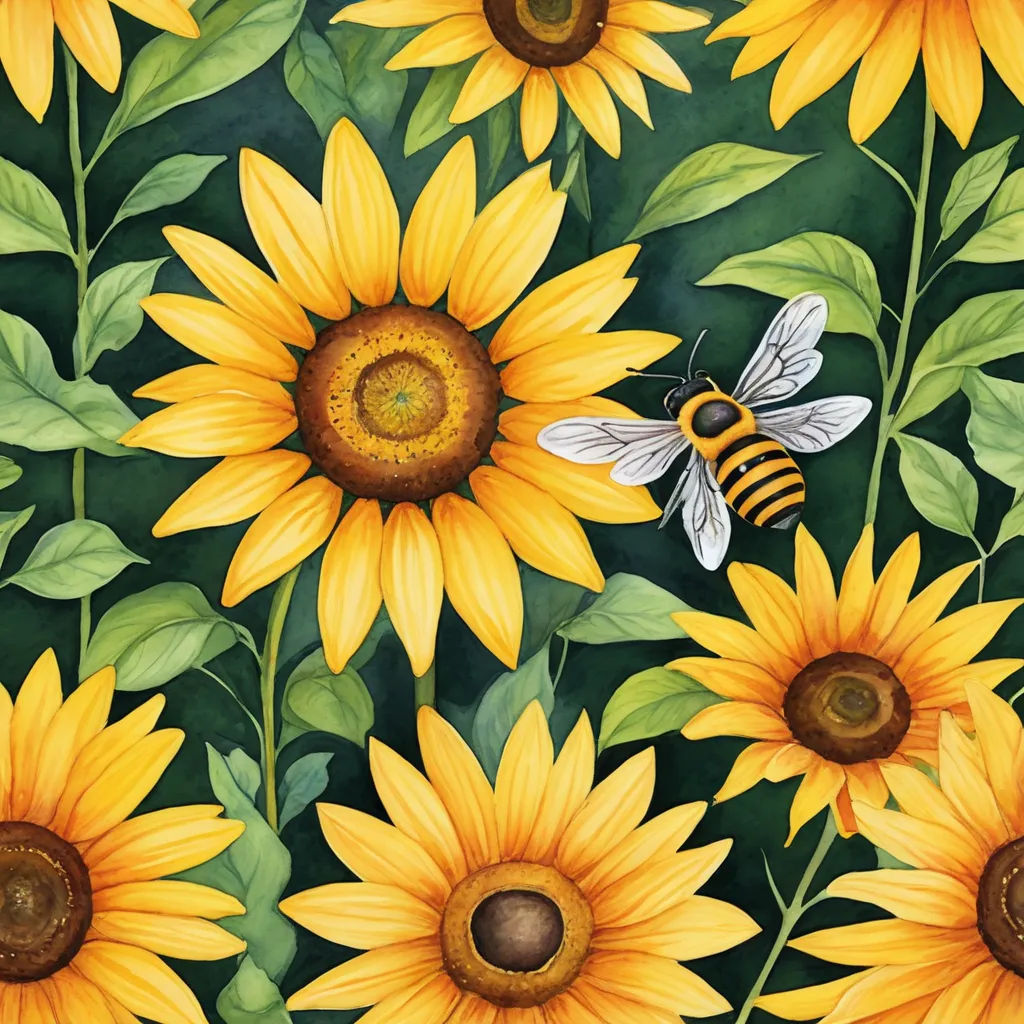 a painting of a bee on a sunflower with a bee on it's back end, surrounded by green leaves, folk art, a storybook illustration, Claire Hummel, highly detailed digital painting