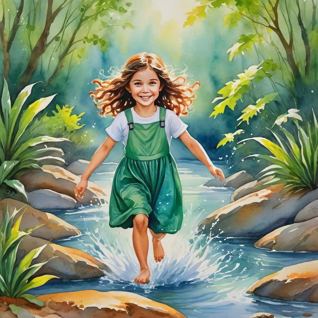 a painting of a girl in a green dress running through a stream of water with rocks and trees in the background, figurative art, a watercolor painting, Bob Byerley, detailed painting