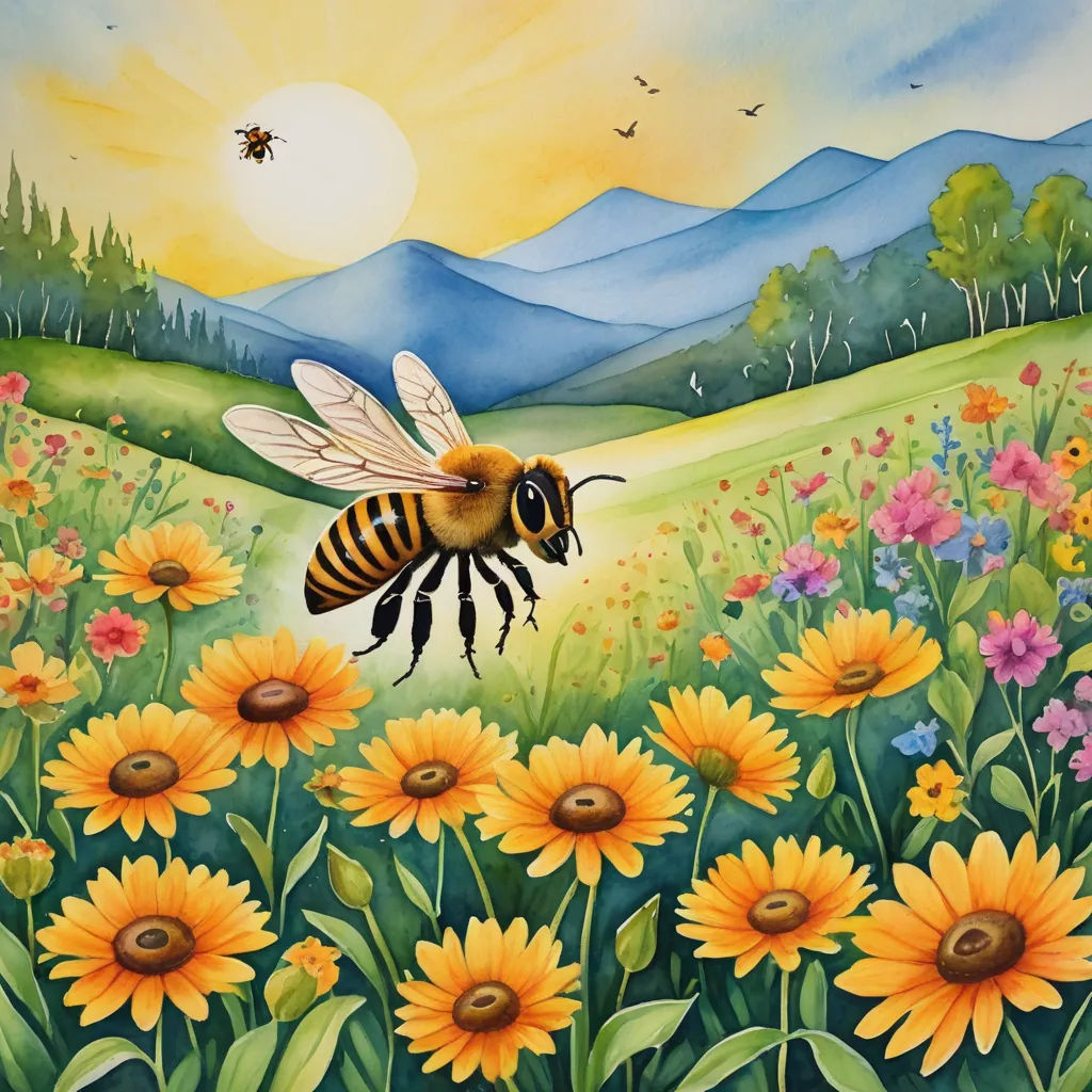 a painting of a bee flying over a field of flowers with a mountain in the background and a sun setting, folk art, a storybook illustration, Carol Sutton, storybook illustration