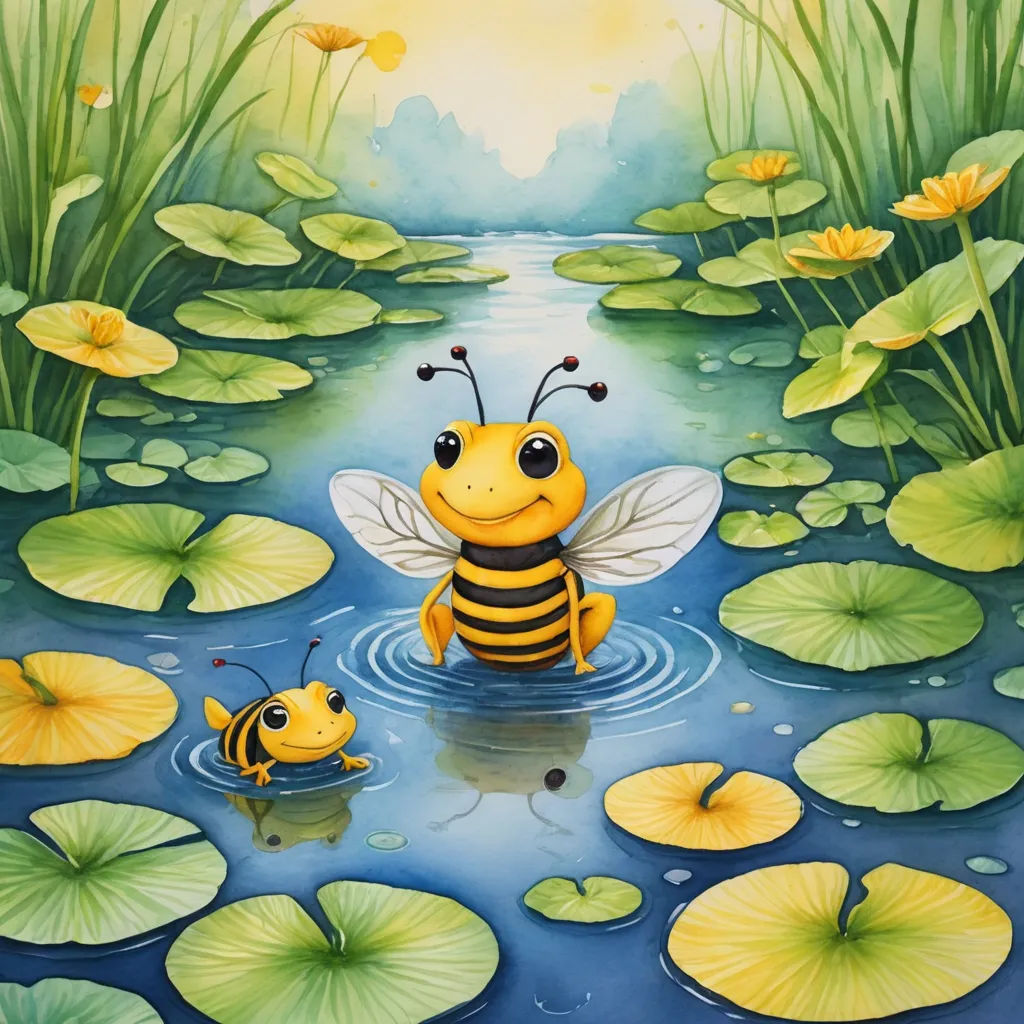 a painting of a bee and a baby bee in a pond of water with lily pads and lily pads, fantasy art, a storybook illustration, Aaron Jasinski, highly detailed digital painting