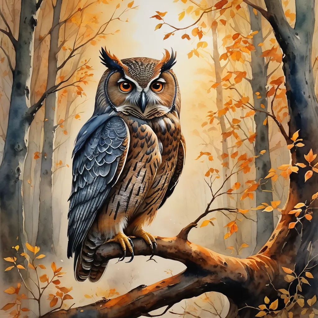 a painting of an owl sitting on a tree branch in a forest with leaves and branches around it, with a yellow light coming from behind it, fantasy art, an airbrush painting, Anne Stokes, highly detailed digital painting