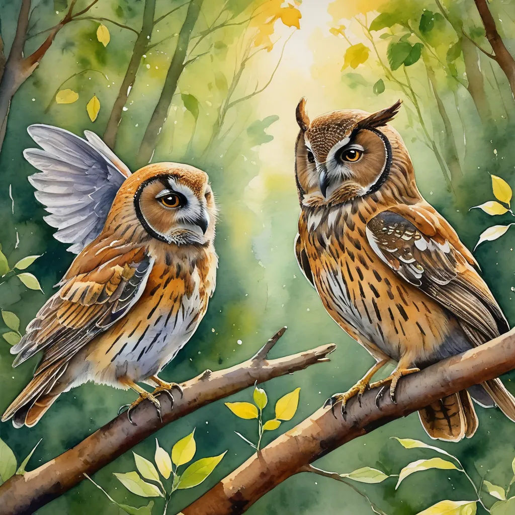two owls sitting on a branch in a forest with leaves and trees in the background, one of them is looking at the other, fantasy art, a watercolor painting, Cindy Wright, in gouache detailed paintings